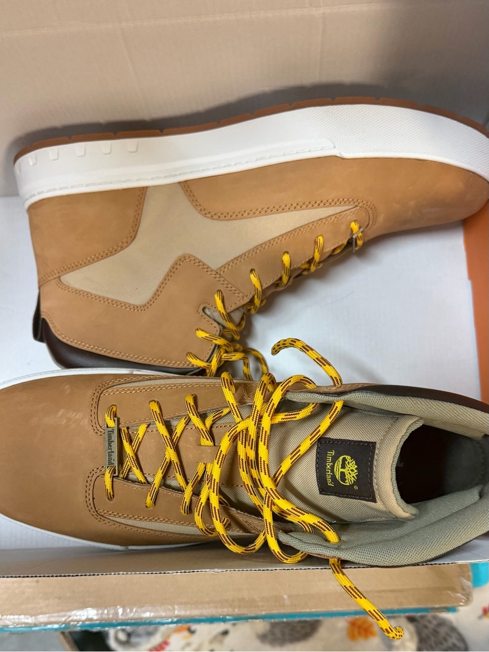 Timberland Men’s Tan Nubuck High-Top Boots with Yellow Contrast Laces